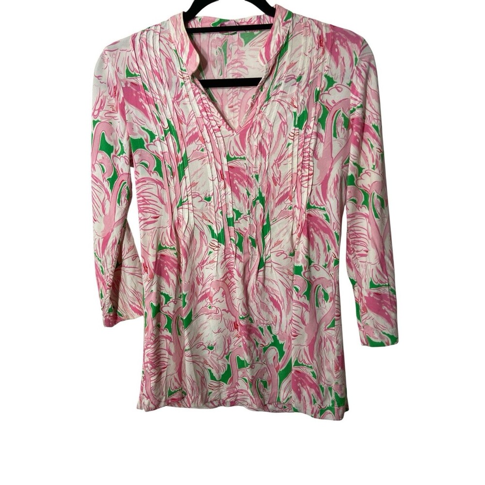 Lilly Pulitzer Woman’s Top Tunic Flamingo Sarasota Pintuck Sz XS 3/4 Sleeve Pink - Picture 3 of 7